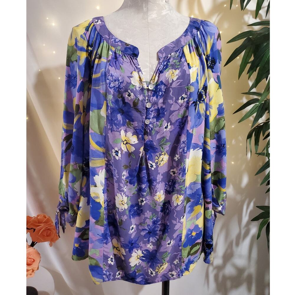 Figueroca N FOREVER Purple Floral Peasant Blouse with Yellow and Green Accents.
